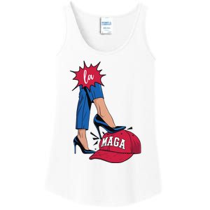 Kamala Harris With High Heels Stepping On Red Hat 2024 Funny Ladies Essential Tank