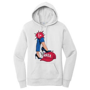 Kamala Harris With High Heels Stepping On Red Hat 2024 Funny Women's Pullover Hoodie