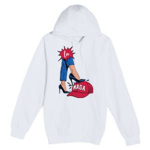 Kamala Harris With High Heels Stepping On Red Hat 2024 Funny Premium Pullover Hoodie