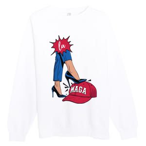 Kamala Harris With High Heels Stepping On Red Hat 2024 Funny Premium Crewneck Sweatshirt