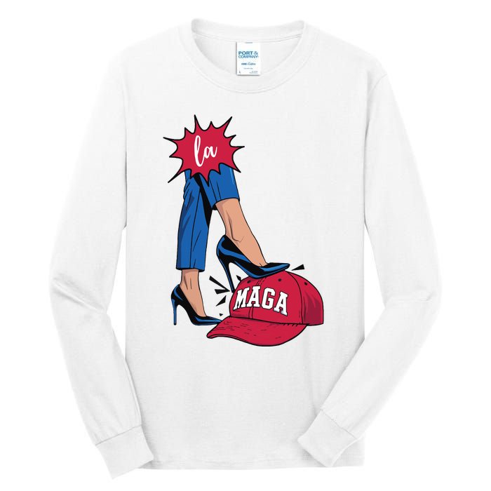 Kamala Harris With High Heels Stepping On Red Hat 2024 Funny Tall Long Sleeve T-Shirt