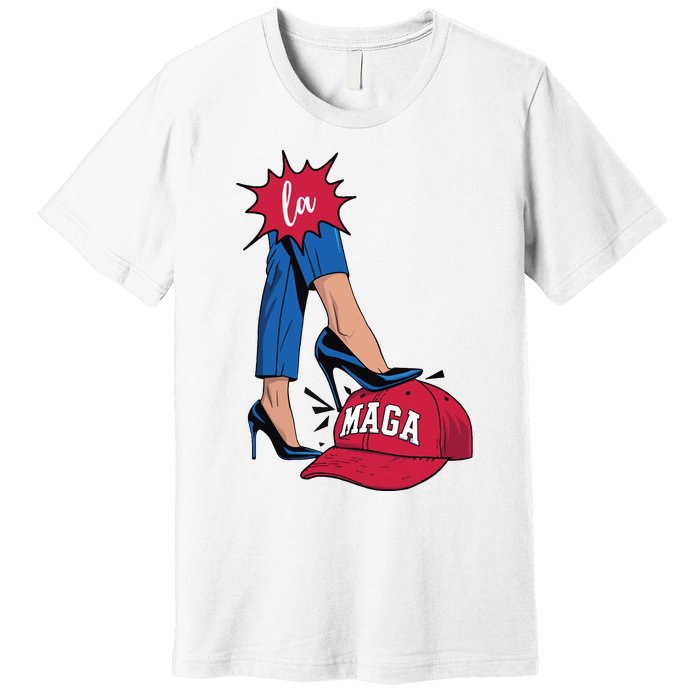 Kamala Harris With High Heels Stepping On Red Hat 2024 Funny Premium T-Shirt