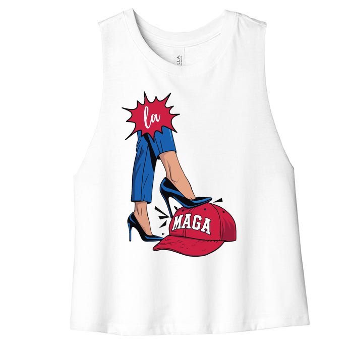 Kamala Harris With High Heels Stepping On Red Hat 2024 Funny Women's Racerback Cropped Tank