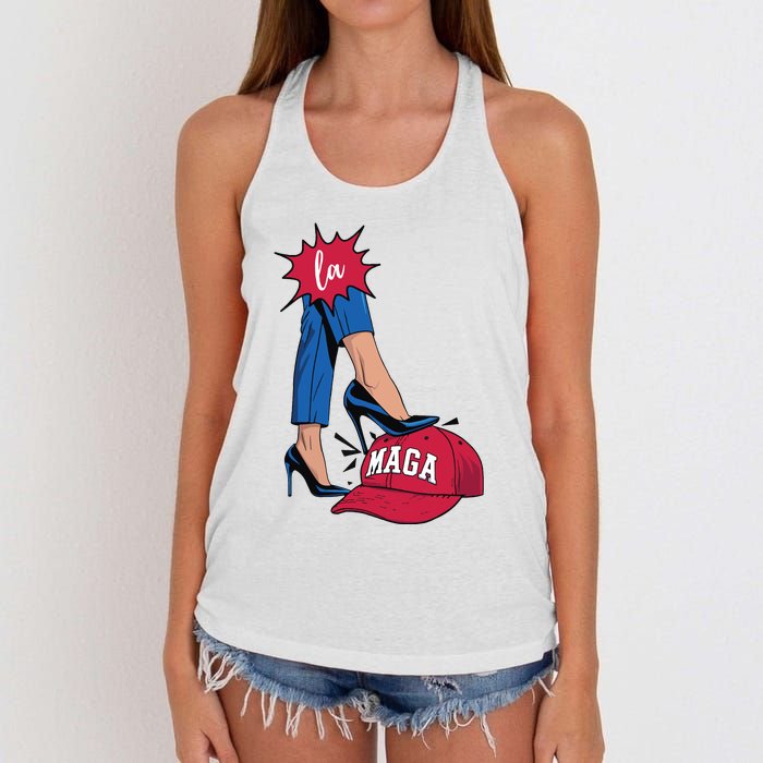 Kamala Harris With High Heels Stepping On Red Hat 2024 Funny Women's Knotted Racerback Tank