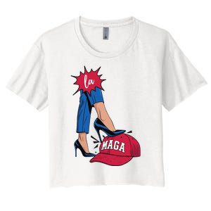 Kamala Harris With High Heels Stepping On Red Hat 2024 Funny Women's Crop Top Tee