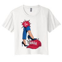 Kamala Harris With High Heels Stepping On Red Hat 2024 Funny Women's Crop Top Tee