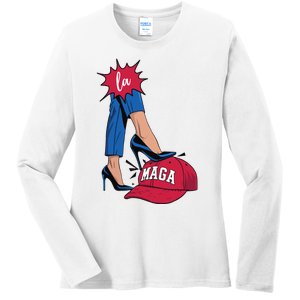 Kamala Harris With High Heels Stepping On Red Hat 2024 Funny Ladies Long Sleeve Shirt