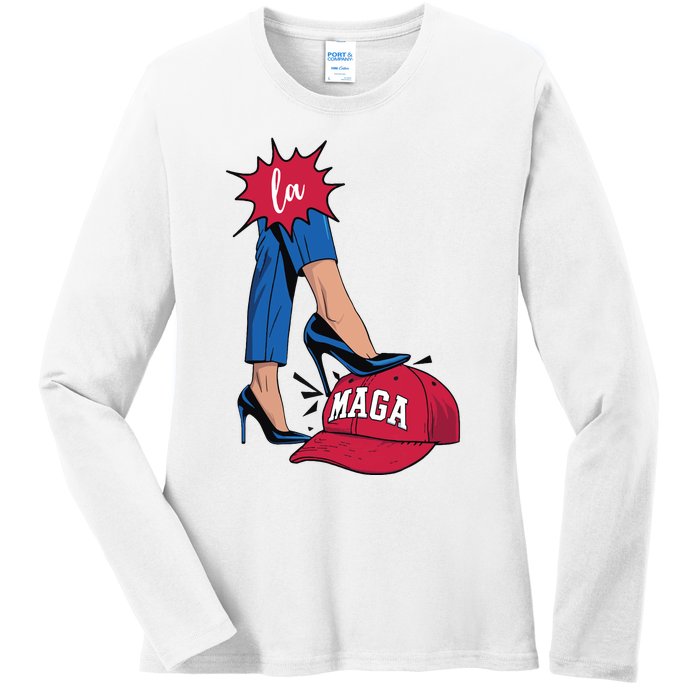 Kamala Harris With High Heels Stepping On Red Hat 2024 Funny Ladies Long Sleeve Shirt