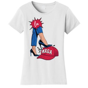 Kamala Harris With High Heels Stepping On Red Hat 2024 Funny Women's T-Shirt