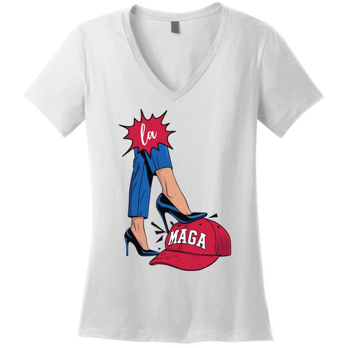 Kamala Harris With High Heels Stepping On Red Hat 2024 Funny Women's V-Neck T-Shirt