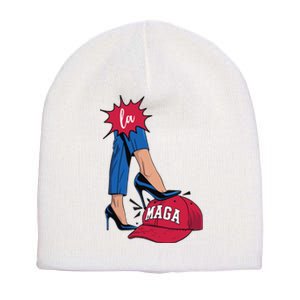 Kamala Harris With High Heels Stepping On Red Hat 2024 Funny Short Acrylic Beanie