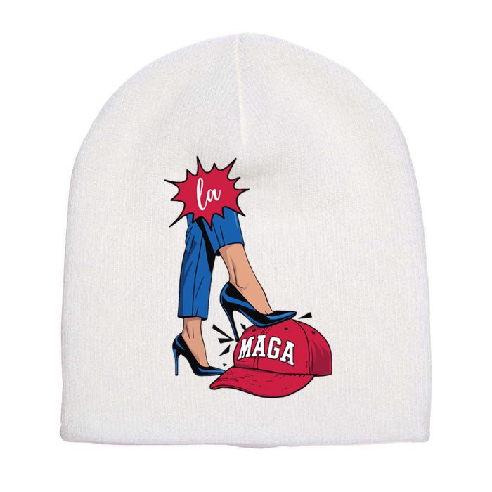 Kamala Harris With High Heels Stepping On Red Hat 2024 Funny Short Acrylic Beanie