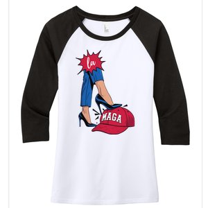 Kamala Harris With High Heels Stepping On Red Hat 2024 Funny Women's Tri-Blend 3/4-Sleeve Raglan Shirt