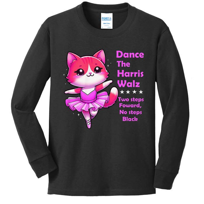 Kamala Harris Walz 2024 Cat Dance 2 Steps Forward Not Back Kids Long Sleeve Shirt