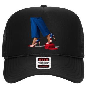 Kamala Harris With High Heels Stepping On Red Hat High Crown Mesh Back Trucker Hat