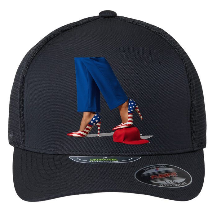 Kamala Harris With High Heels Stepping On Red Hat Flexfit Unipanel Trucker Cap