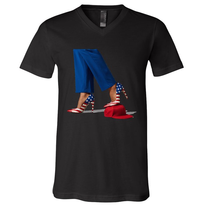 Kamala Harris With High Heels Stepping On Red Hat V-Neck T-Shirt