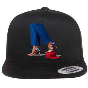 Kamala Harris With High Heels Stepping On Red Hat Flat Bill Trucker Hat