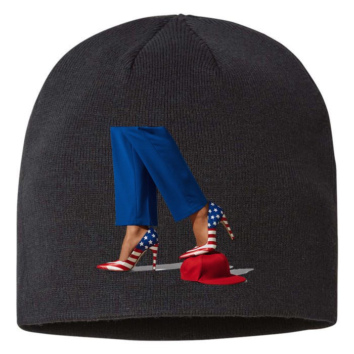 Kamala Harris With High Heels Stepping On Red Hat Sustainable Beanie