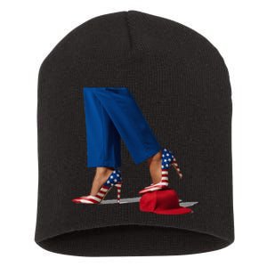 Kamala Harris With High Heels Stepping On Red Hat Short Acrylic Beanie