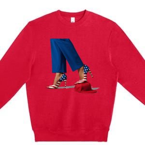 Kamala Harris With High Heels Stepping On Red Hat Premium Crewneck Sweatshirt