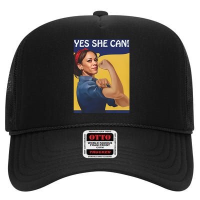 Kamala Harris Yes She Can High Crown Mesh Back Trucker Hat