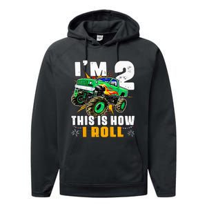 Kids Im 2 This Is How I Roll Monster Truck 2nd Birthday Performance Fleece Hoodie