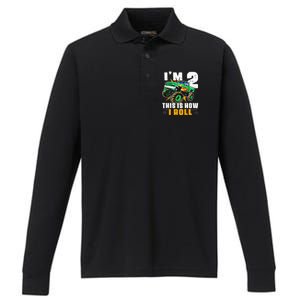 Kids Im 2 This Is How I Roll Monster Truck 2nd Birthday Performance Long Sleeve Polo