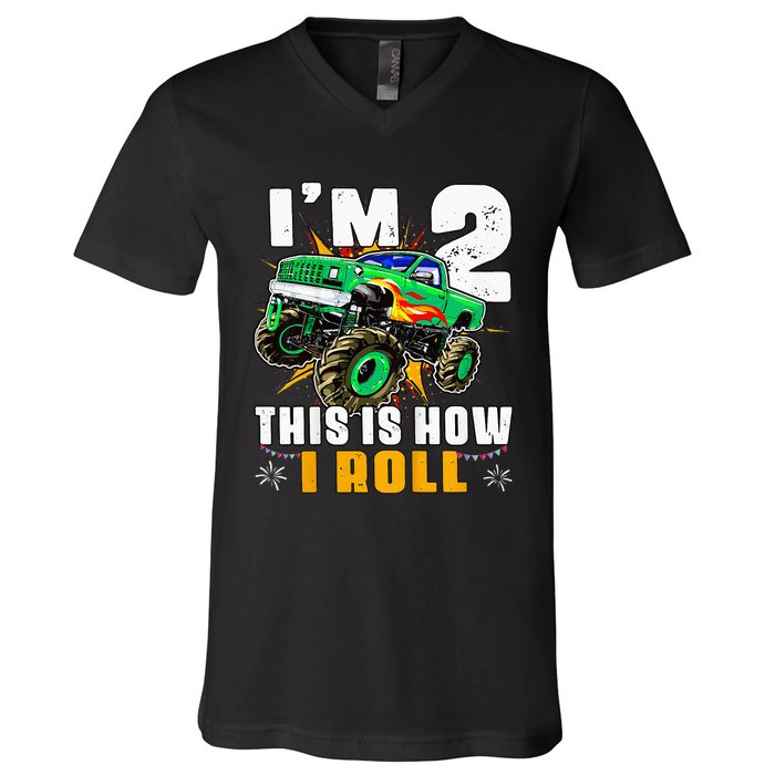 Kids Im 2 This Is How I Roll Monster Truck 2nd Birthday V-Neck T-Shirt