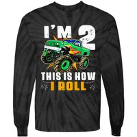 Kids Im 2 This Is How I Roll Monster Truck 2nd Birthday Tie-Dye Long Sleeve Shirt