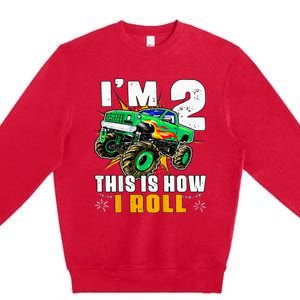 Kids Im 2 This Is How I Roll Monster Truck 2nd Birthday Premium Crewneck Sweatshirt