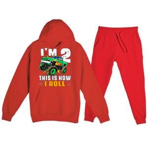 Kids Im 2 This Is How I Roll Monster Truck 2nd Birthday Premium Hooded Sweatsuit Set