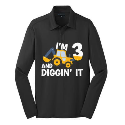 Kids Im 3 And Digging It Construction Excavator 3rd Birthday Silk Touch Performance Long Sleeve Polo