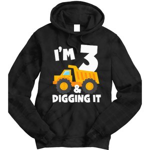 Kids Im 3 And Digging It 3rd Birthday Construction Truck Tie Dye Hoodie