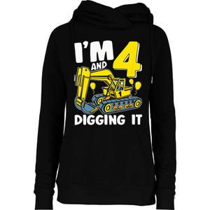 Kids Im 4 And Digging It 4 Years 4th Birthday Excavator Womens Funnel Neck Pullover Hood