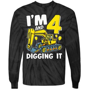 Kids Im 4 And Digging It 4 Years 4th Birthday Excavator Tie-Dye Long Sleeve Shirt