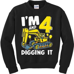 Kids Im 4 And Digging It 4 Years 4th Birthday Excavator Kids Sweatshirt