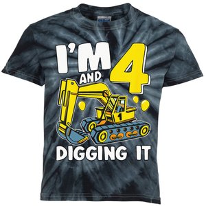 Kids Im 4 And Digging It 4 Years 4th Birthday Excavator Kids Tie-Dye T-Shirt