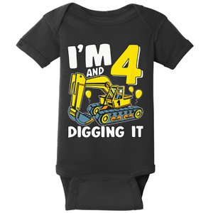 Kids Im 4 And Digging It 4 Years 4th Birthday Excavator Baby Bodysuit