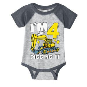 Kids Im 4 And Digging It 4 Years 4th Birthday Excavator Infant Baby Jersey Bodysuit