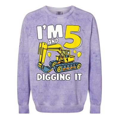 Kids Im 5 And Digging It 5 Years 5th Birthday Excavator Colorblast Crewneck Sweatshirt