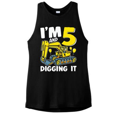 Kids Im 5 And Digging It 5 Years 5th Birthday Excavator Ladies PosiCharge Tri-Blend Wicking Tank