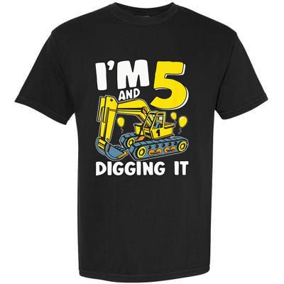 Kids Im 5 And Digging It 5 Years 5th Birthday Excavator Garment-Dyed Heavyweight T-Shirt