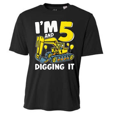 Kids Im 5 And Digging It 5 Years 5th Birthday Excavator Cooling Performance Crew T-Shirt