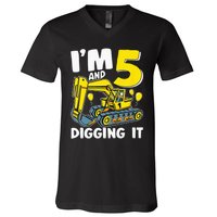 Kids Im 5 And Digging It 5 Years 5th Birthday Excavator V-Neck T-Shirt