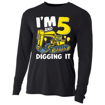 Kids Im 5 And Digging It 5 Years 5th Birthday Excavator Cooling Performance Long Sleeve Crew