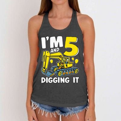 Kids Im 5 And Digging It 5 Years 5th Birthday Excavator Women's Knotted Racerback Tank