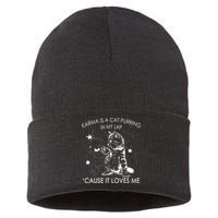 Karma Is A Cat Purring In My Lap Cause It Loves Me Cat Lover Sustainable Knit Beanie