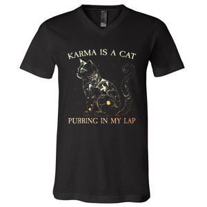 karma is a cat purring in my lap karma V-Neck T-Shirt