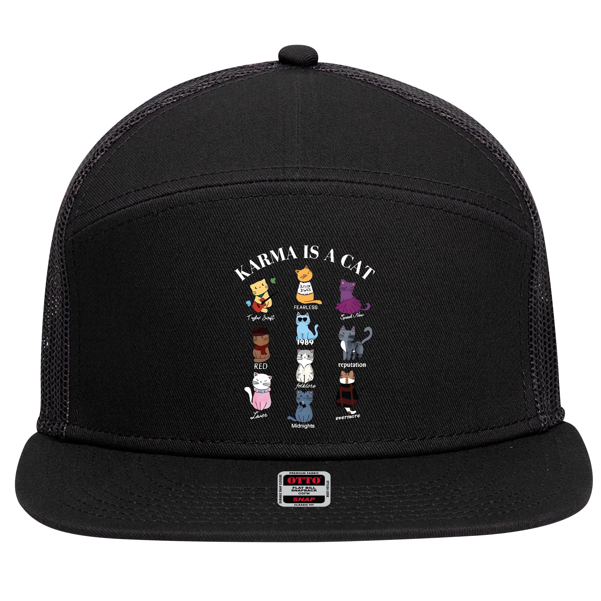 Karma Is A Cat 7 Panel Mesh Trucker Snapback Hat
